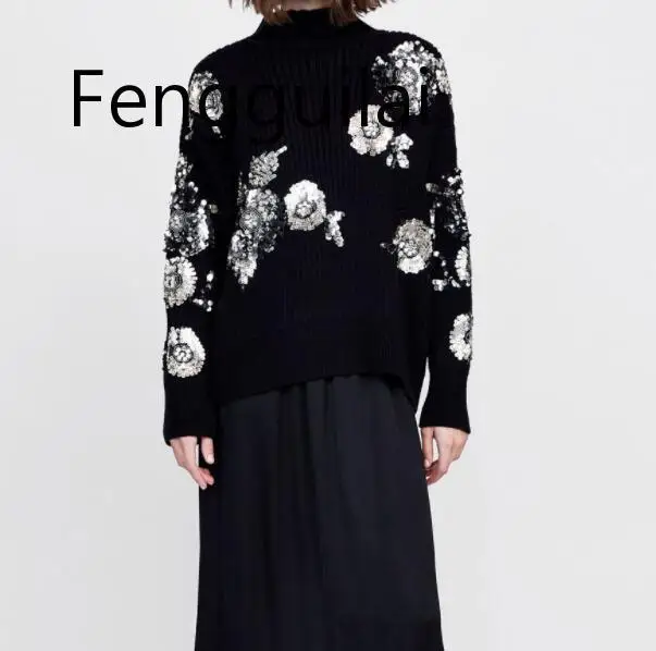 

FENGGUILAI 2020 Women Sequined Flower Knitted Sweater Loose Turtleneck Sequins Beading Pullovers Sweater Winter Thick Black Tops