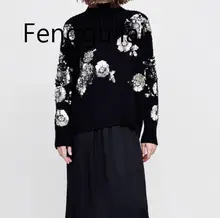 FENGGUILAI 2020 Women Sequined Flower Knitted Sweater Loose Turtleneck Sequins Beading Pullovers Sweater Winter Thick Black Tops FENGGUILAI 2020 Women Sequined Flower Knitted Sweater Loose Turtleneck Sequins Beading Pullovers Sweater Winter Thick Black Tops