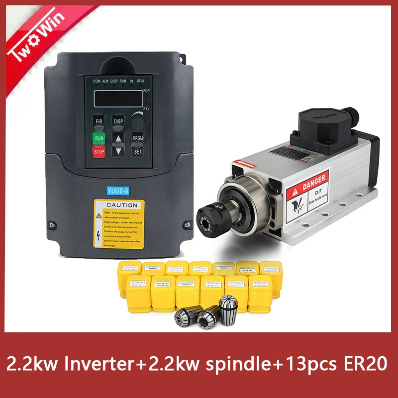 

2.2kw Air-cooled Spindle Motor Kit 2200w Square Spindle+2.2kw /220V Inverter+ ER20 Collet for Engraving Milling