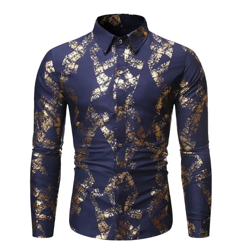 

Bronzing Flower Men Shirt Long sleeve Luxury Casual Dress Unique design Shirts Men Blouse Slim fit Navy Red