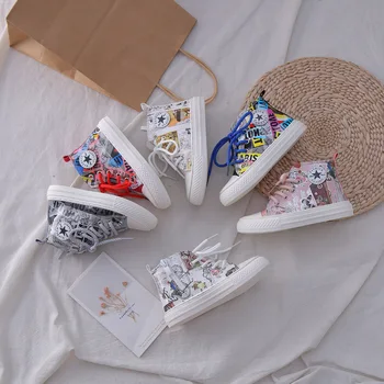 

2020 Autumn New High-top Canvas Girls Shoes Boots Non-slip Graffiti Casual Children Ankle Boots Street Style Boys Shoes D07244