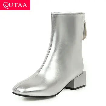 

QUTAA 2020 Autumn Winter PU Leather Zipper Retro Square Toe Knee High Boots Fashion Square Middle Heel Women Shoes Big Size34-43