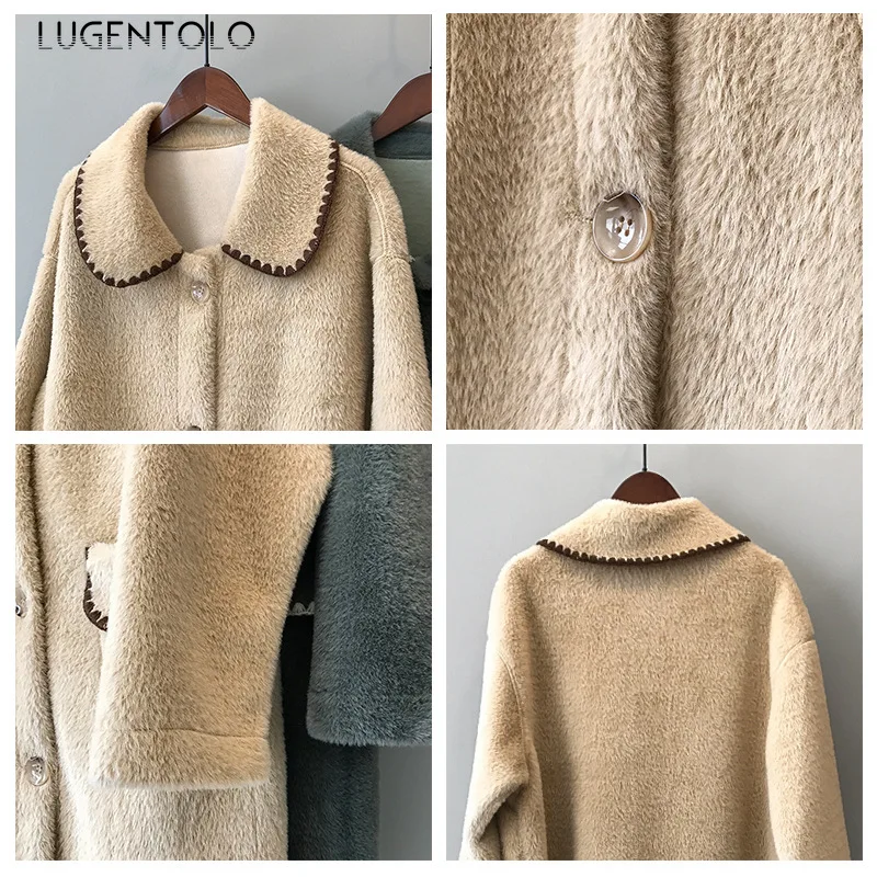 Lugentolo, Женское шерстяное осенне-зимнее пальто, плюшевое, корейское, свободное, милое, отложной воротник, однотонное, повседневное, теплое, женское, простое, уютное, длинное пальто