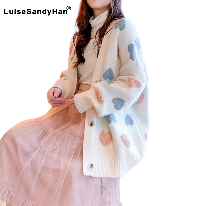 Sweater coat female 2020 new spring and autumn knitted cardigan solid color long-sleeved love pattern wide sweater |