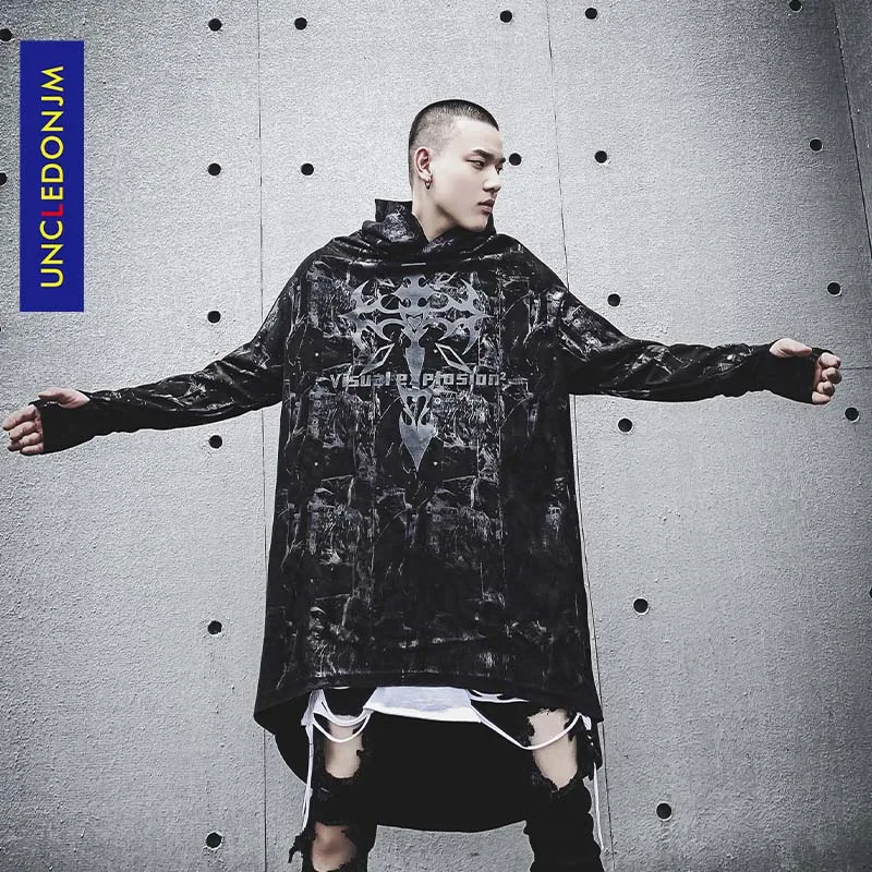 

UNCLEDONJM Extra-Long Master Sweatshirt Men's Hooded Pullover Windbreaker Gothic Overlong harajuku punk clothes V2-WY13