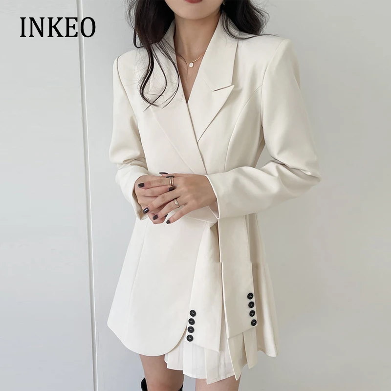 

Koean Fashion Long jackets blazer for women Black Asymmetrical Pleated Dresses Coat Office lady Clothing Autumn INKEO 2O006