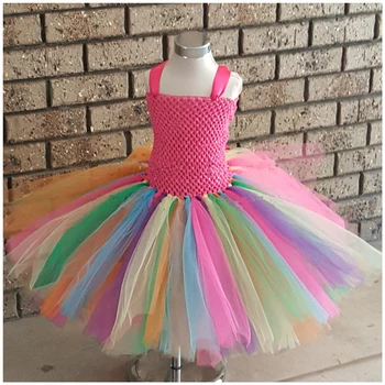 

Rainbow Tutu Dress Girls Crochet Corset Tulle Straps Dress Long Ball Gown Children Birthday Party Costume Photography Dreeses