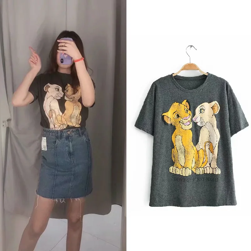 Online Camiseta de moda 2019 cuello redondo ropa de mujer estampado clásico El Rey León camisetas regulares camiseta gráfica Streetwear mickey Camiseta de algodón