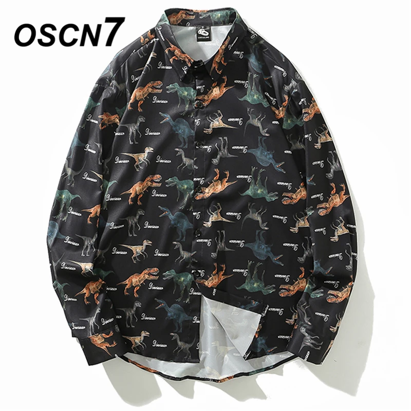 

OSCN7 Casual Printed Long Sleeve Shirt Men High High Streetwear 2019 Fall Women Shirt Long Shirts Harujuku Mens Shirt 1022