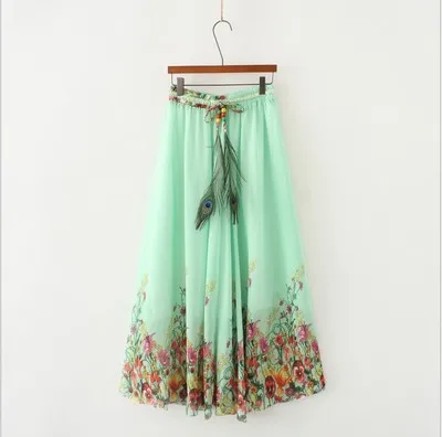 lvse suihua Винтажные макси юбки, женские, одноцветные, Boho, шифон, Saia Longa, летние, vestidos, тюль, повседневные, богемные, длинные юбки, женская одежда - Цвет: lvse suihua