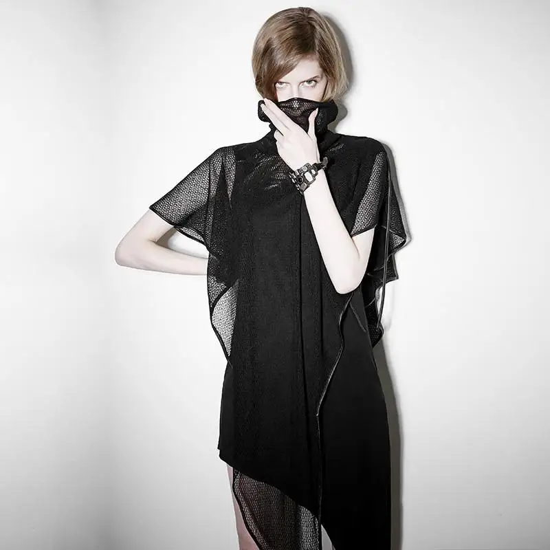 

Punk Rave Women's High Collar Asymmetrical Hem Casual Mesh Dress PQ-102