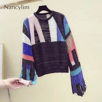 

Women's Long Sleeve Pullover Sweater 2019 New Color Matching Split Trumpet Sleeve Sweater Female Loose Knitwear Shirt Streetwear