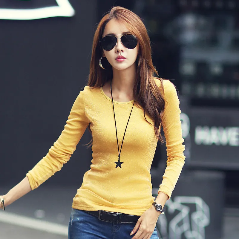 Yellow O-Neck Осень-зима, женская футболка, модная рубашка, однотонная, Женская водолазка с длинным рукавом, яркая проволока, базовый Повседневный Топ, эластичные футболки - Цвет: Yellow O-Neck