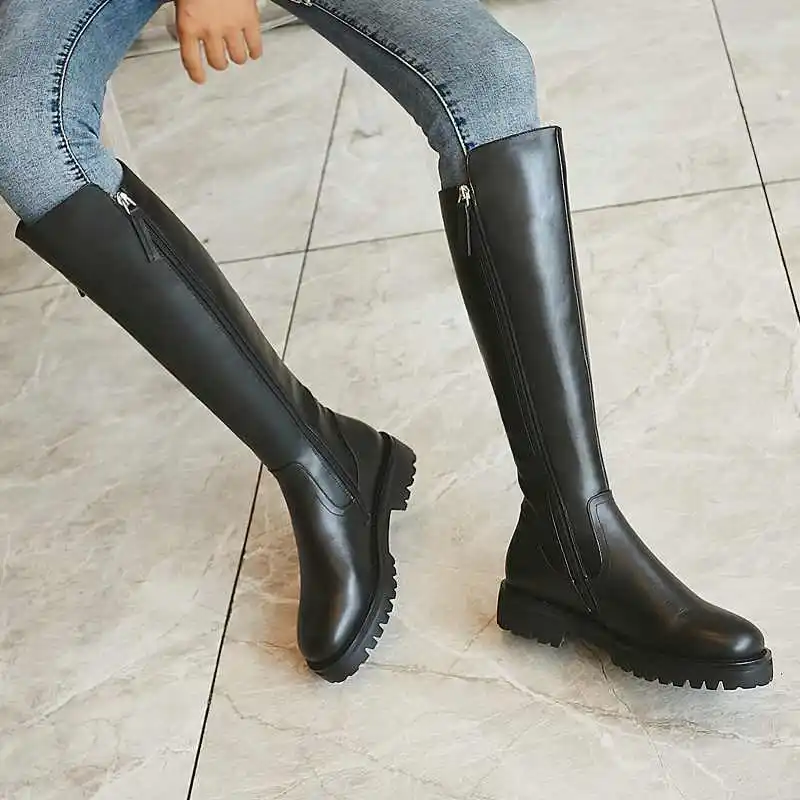 Черный krazing pot winter super keep warm cozy cow leather knight boots round toe med heels solid zipper fashion thigh high boots L5f6 - Цвет: Черный