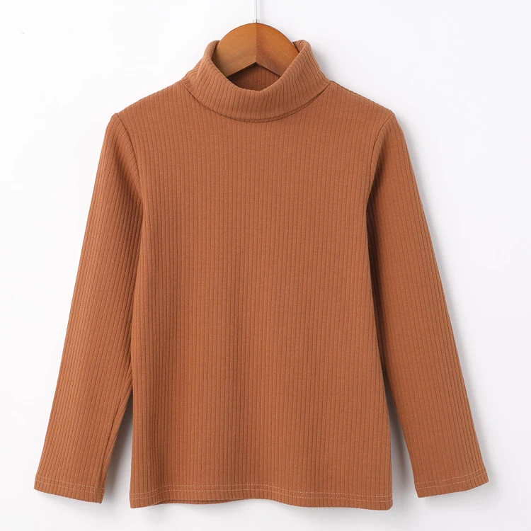 Fall Long Sleeve T-shirts for Kids Girls New Arrival Children Turtleneck Solid Color Tops Toddler Boys Clothes Pink Clothes - Color: Brown