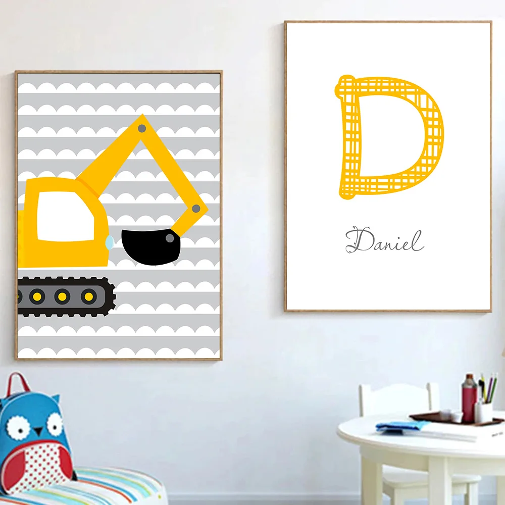 Personal-Boy-s-Name-Custom-Poster-Nursery-Print-Cartoon-Excavator-Wall-Prints-Nordic-Canvas-Painting-Kids (2)