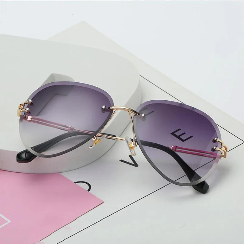 RBENN новые брендовые дизайнерские солнцезащитные очки без оправы пилота для женщин и мужчин ретро Димонда режущего объектива градиентные солнцезащитные очки для женщин UV400 - Цвет линз: Gold Gradient Grey