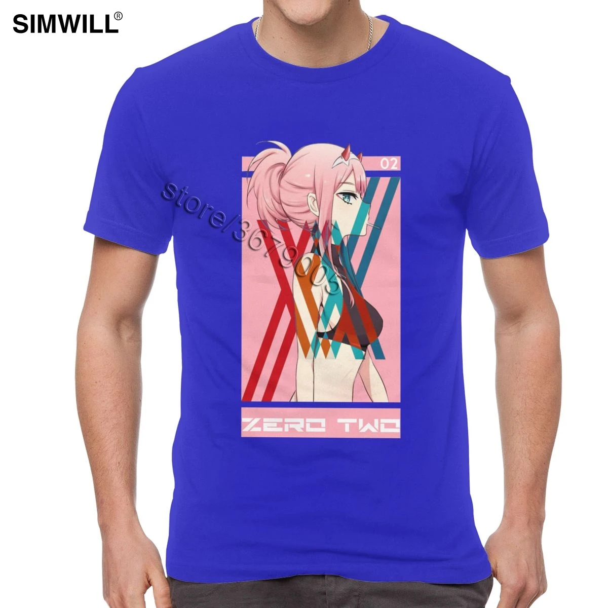 Футболка Darling In The Franxx, мужская, хлопок, Zero Two, футболки, короткий рукав, круглый вырез, модная, аниме, веер, футболка - Цвет: Синий