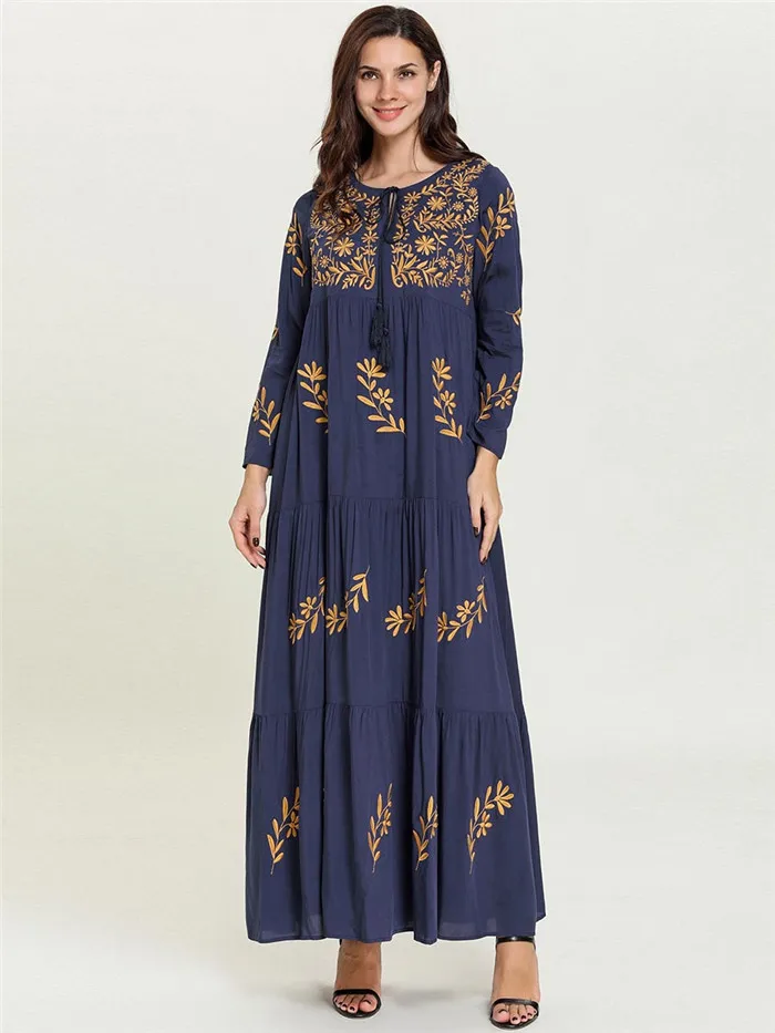Женское мусульманское Abayas джинсовое Макси-платье с вышивкой, свободные бандажные платья, Арабская Дубайская Исламская одежда, длинные платья размера плюс, Халат