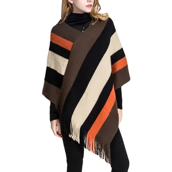 

Winter Cloak Women Knitted Stripe Splicing Capes Shawl Cashmere Tassel Coat Ponchos Mujer Invierno Elegantes Cape Poncho Women