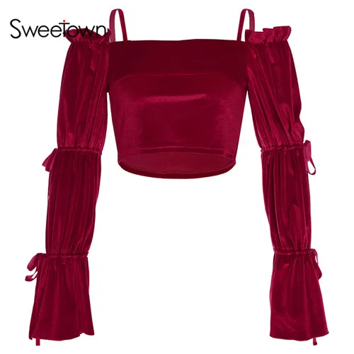 red Sweetown/красные бархатные женские футболки с длинным рукавом и бабочкой, повседневные сексуальные Осенние Топы с вырезом лодочкой для женщин, Элегантная укороченная футболка - Цвет: red