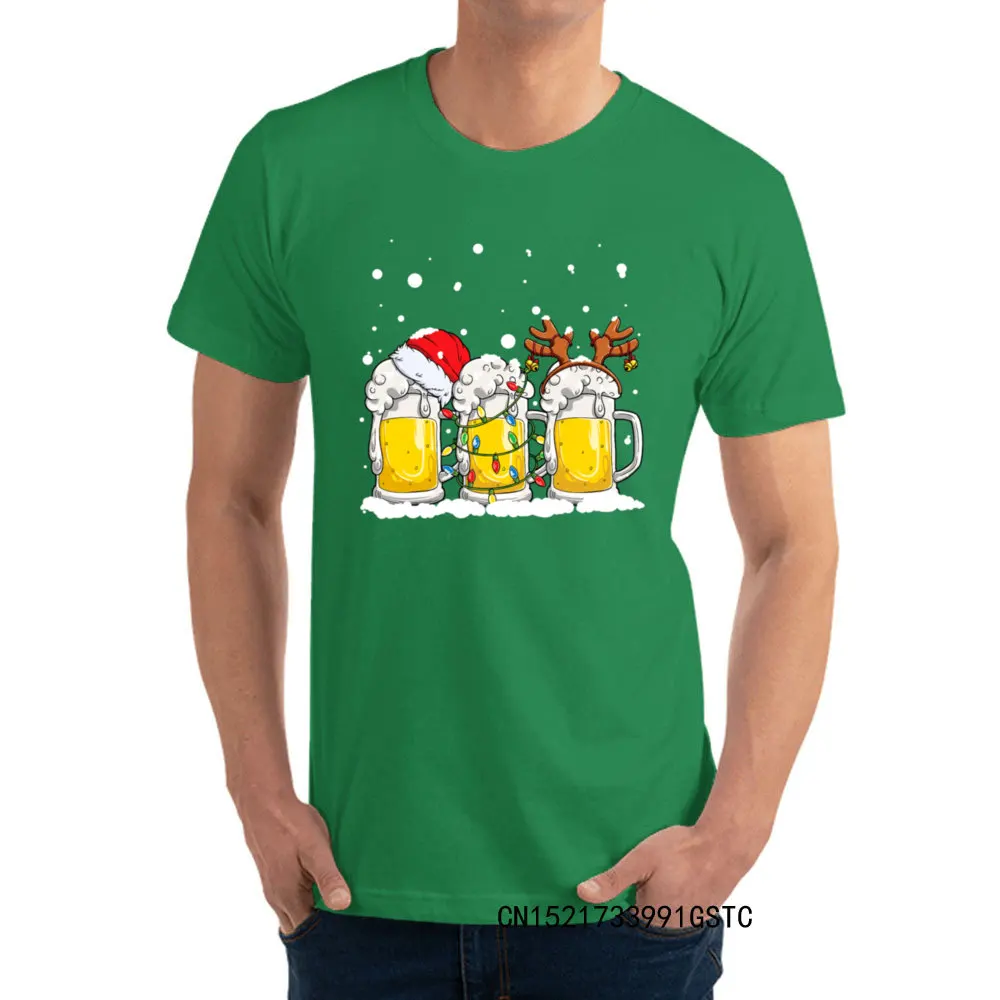Fashionable Beer Christmas Mug Santa Reinbeer Xmas lights T-shirts for Men Popular Lovers Day O Neck 100% Cotton Fabric T-shirts Tees Beer Christmas Mug Santa Reinbeer Xmas lights green