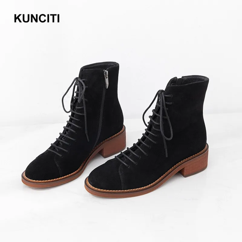 KUNCITI/; коричневые женские ботинки в западном стиле; сезон весна-осень; женские Ботинки martin из замши; Модные женские полусапожки в европейском стиле; D9230
