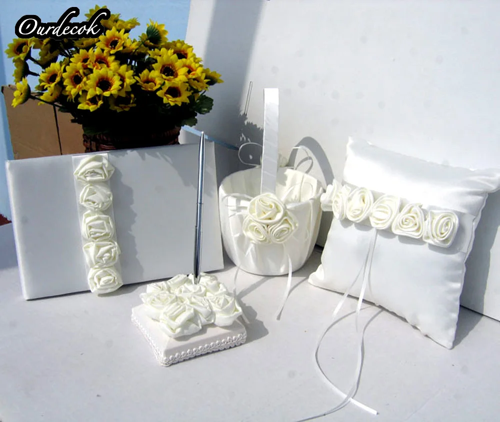 

4Pcs/set Red/pink Rose Decor Wedding Satin Ring Pillow &Flower Basket&Guest Book&Pen Set for Bridal Decoration Product Supplies
