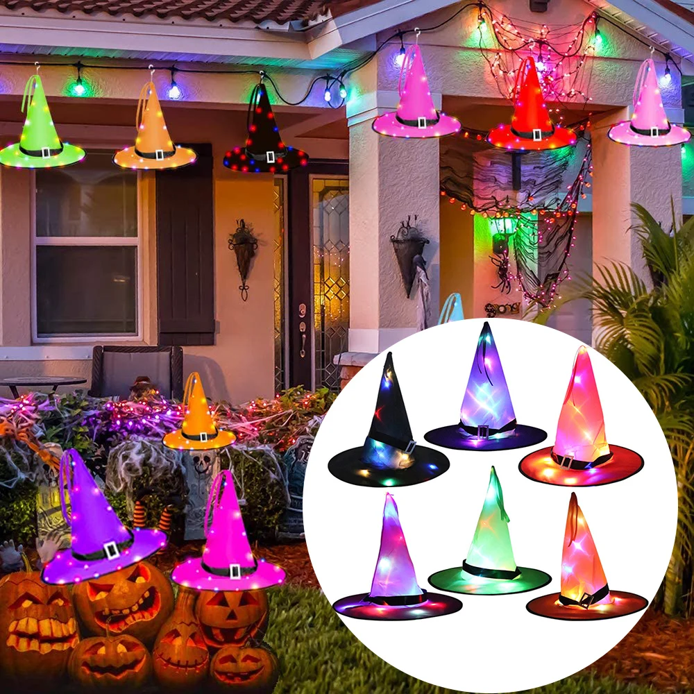 

8 Colors Halloween Witch Hat with LED Light Glowing Witches Hat Hanging Decor Suspension Outdoor Yard Tree Glowing Hat for Kids