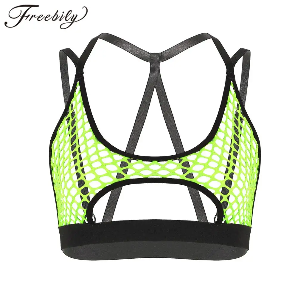 

Women Hollow Out Fishnet Tank Top Spaghetti Straps Halter Neck Elastic Crisscross Back Cutout Underboob Dance Vest Crop Tops