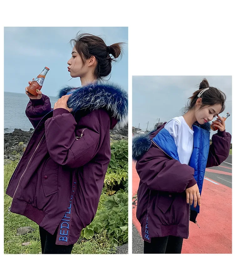 New Winter Cotton Coat Women Big Fur Collar Down Parka Jacket Hooded Winter Warm Jacket Womens Korean Loose Down Padded Outwear