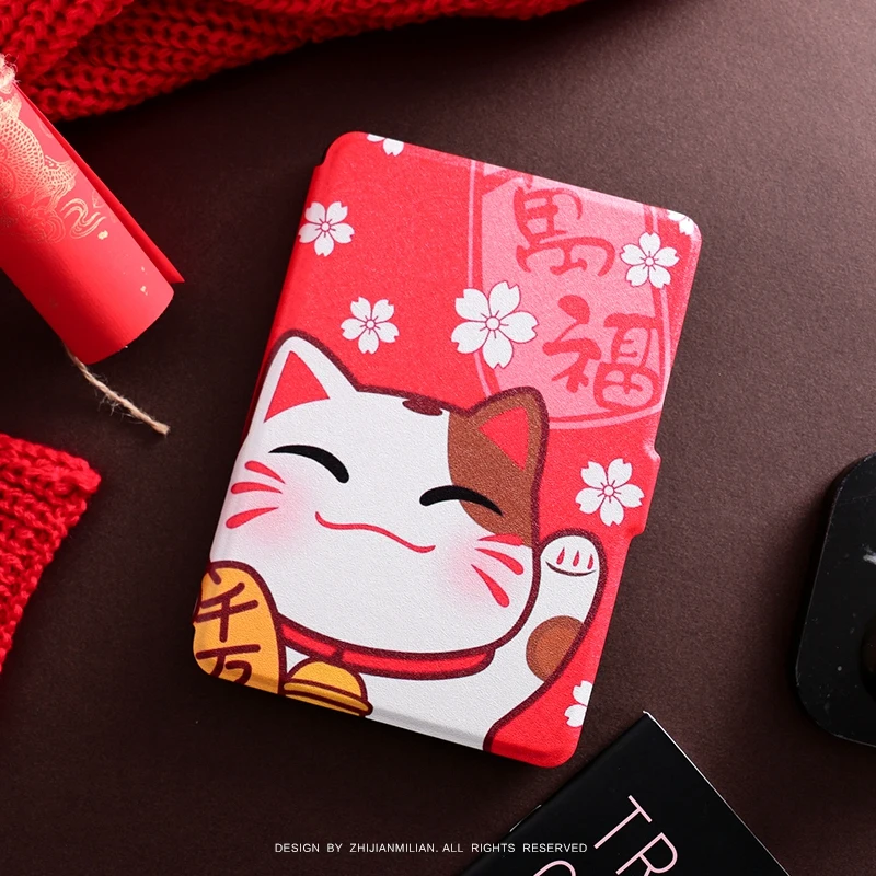 Red Lucky Cat Magnet PU Flip Cover for Amazon Kindle Paperwhite 1 2 3 4 449 558 Case 6 inch Ebook Tablet Case