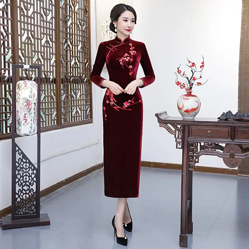 Китайское женское стильное платье бордовый цветок Cheongsam сексуальное высокое платье Ципао с разрезом с пуговицами ручной работы традиционное платье для выпускного вечера Vestidos - Цвет: Burgundy 1