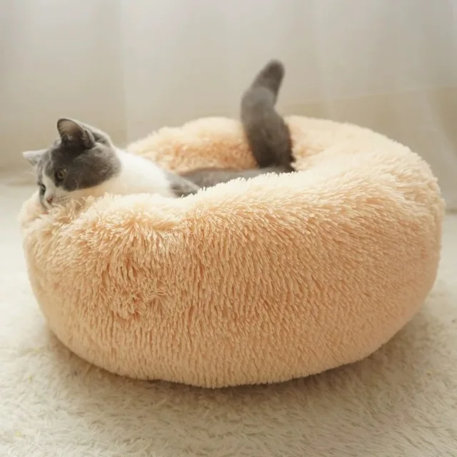 Круглые плюшевые кошки кровать Дом Мягкая длинная плюшевая кошка кровать круглая собака кровать для маленьких собак кошки гнездо зимняя теплая спальная кровать щенок коврик - Цвет: B