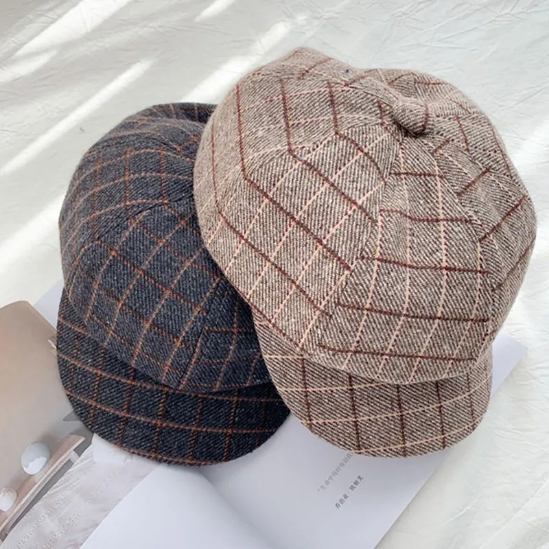 

Fashion Casual Classic Girls Octagon Hat Beret Hats Plaid Knitted Vintage Newsboy Women\\'s Cap Casquette Femme