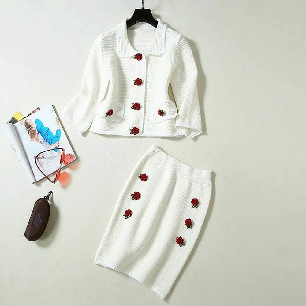 

Red Roosarosee Designer Women Autumn Spring Fashion Flower Buttons Half Sleeve Short Coat + Skirt Elegant Vintage 2 Piece Set