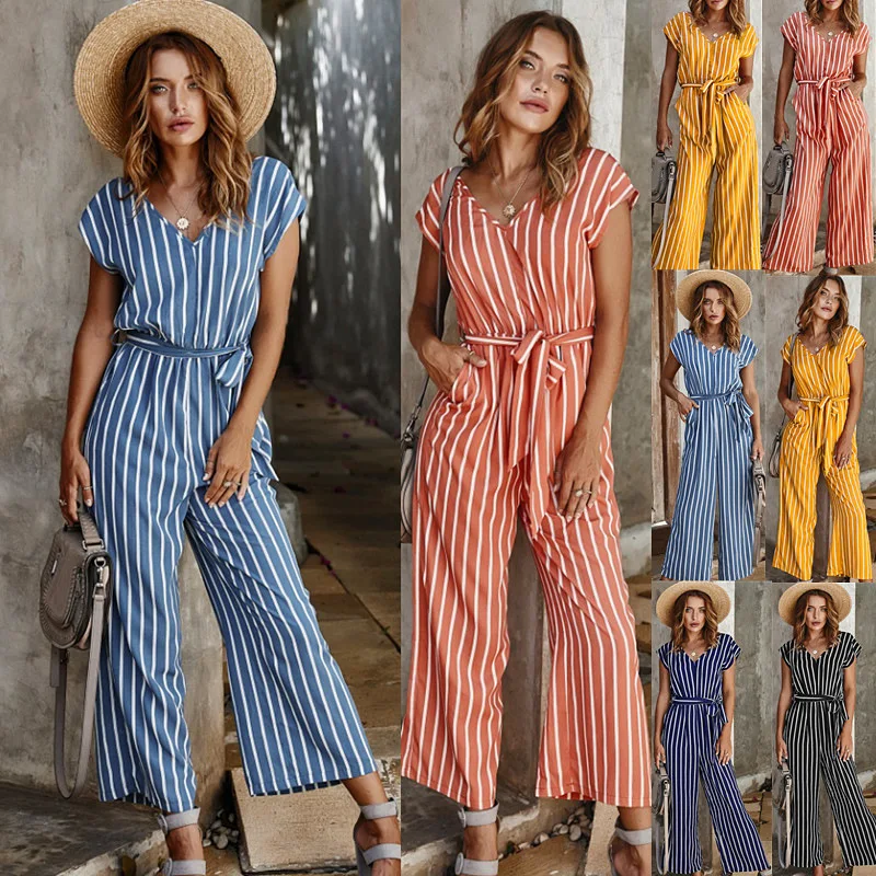 

Sexy High Waist V-neck Striped Print Short-sleeved Casual Jumpsuit Striped Print Loose Mature Cotton Belt Plus Size Jumpsuit