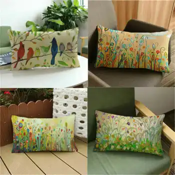 

Creative Bird Flower Rectangular Cotton Linen Pillowcase for Home Office Sofa Seat Decor Textile Throw Printed Pillow Cover