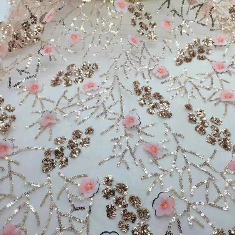 

5yards new arriveal Plum blossom sequins with 3D flowers lace fabric African French Lace Wedding Bridal Gown Dress fabric