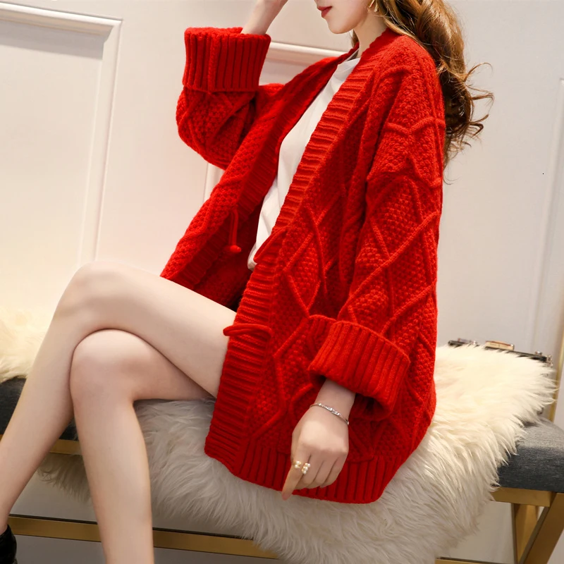 PEONFLY винтажный Красный Женский вязаный длинный жакет осень зима длинный рукав свитер пальто женский теплый кардиган женский с карманом