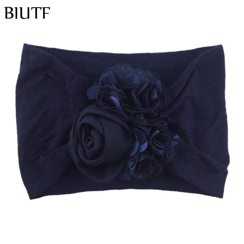 20pcs/lot Chic Headwear Elastic Wide Nylon Headband with Satin Flower Chiffon Rose Kids Photo Props 15 Colors HB105 - Цвет: 9-navy