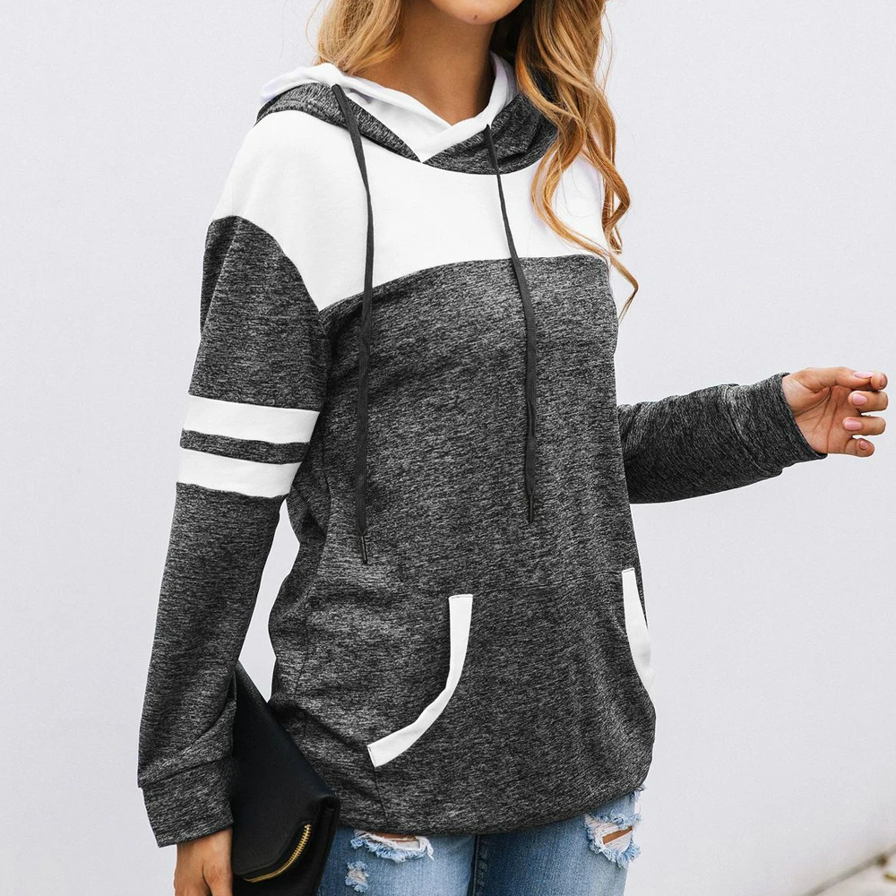 Sudadera Mujer мода худи женские одежда Харадзюку пэчворк Смешайте Цвет кулиской толстовка Толстовки Топы с карманами