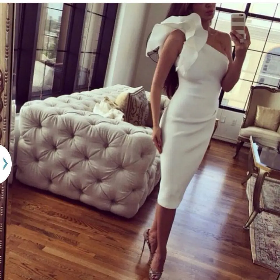 

Custom made One shoulder sheath White Plus size evening dress Sexy Saudi Arabia robe de soiree Evening gown