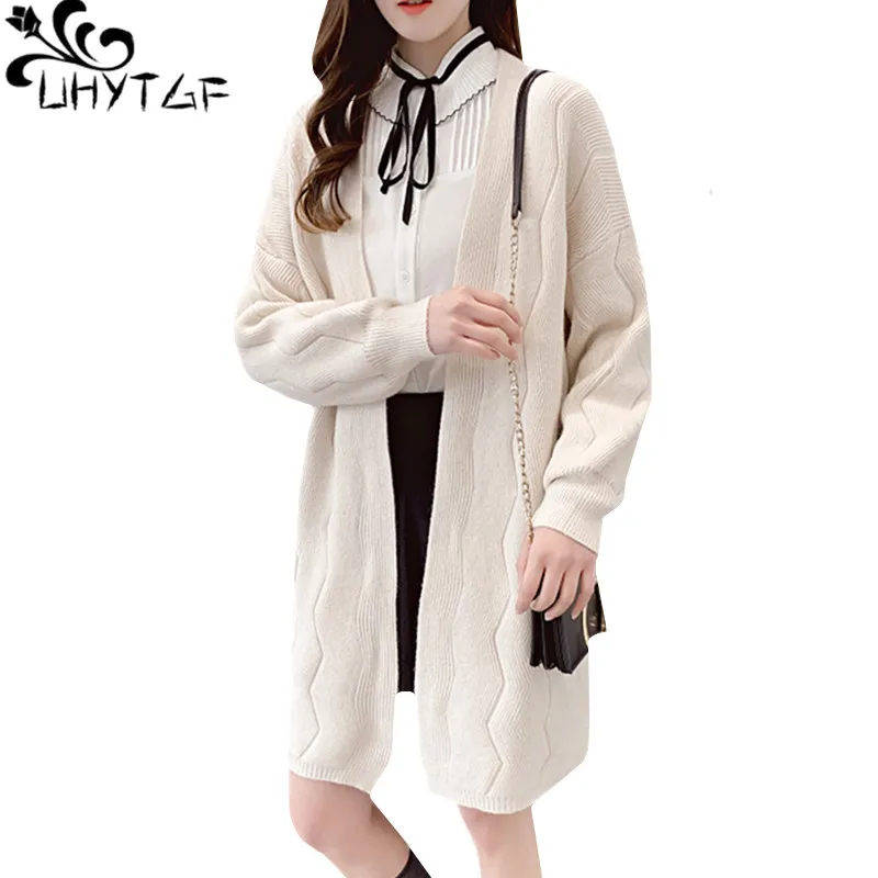 

UHYTGF Long Cardigan Female Long Sleeve Cardigan spring Autumn sweater women Solid color Twist V-neck plus size Knit Sweater 218