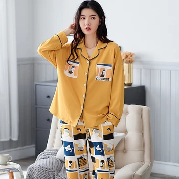 

Cute Doodle Sleepwear Autumn Winter Pajamas Sets Long Sleeve Nightwear Suit Female Pijamas Mujer women's Home Clothes Femme XXXL