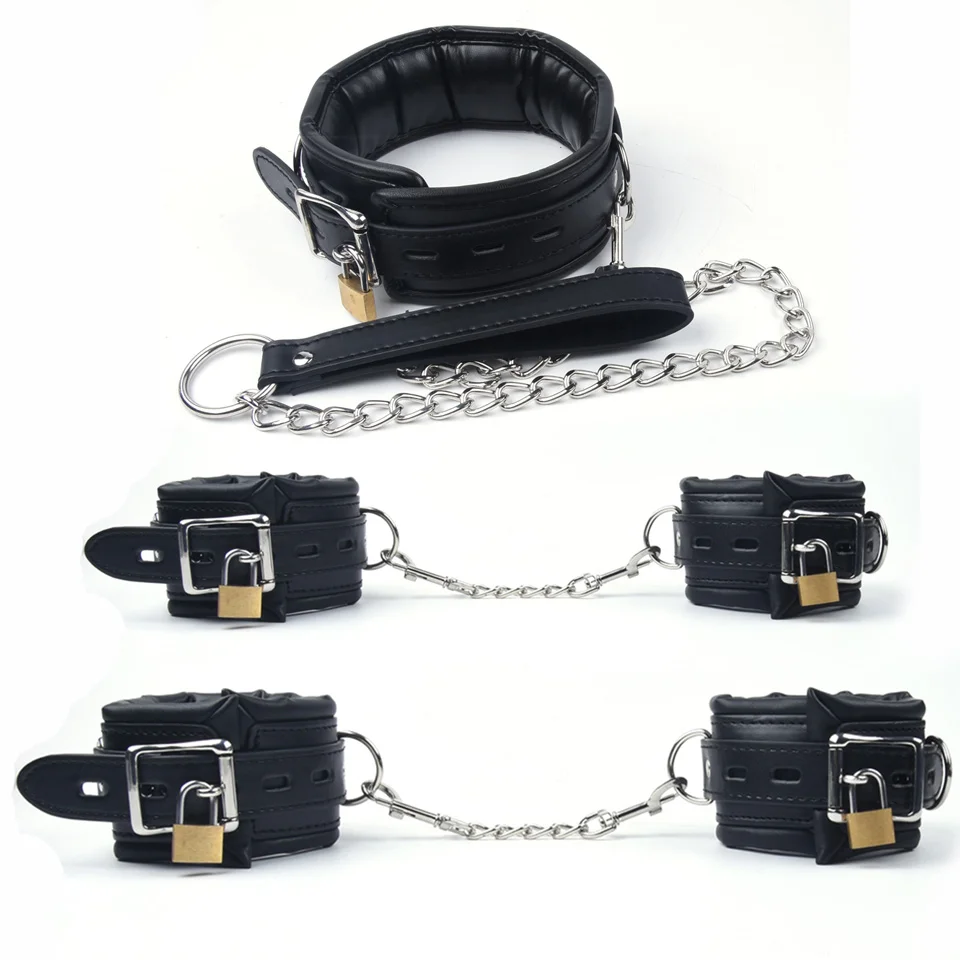 Black Leather Sponge Handcuffs For Sex Ankle Cuffs Bondage With Chain Lock Restraints Sex Toys for Adult Games Bdsm Bondage Set