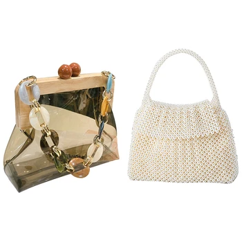

2 Pcs Bag: 1 Pcs Acrylic Box Bag Bucket Bag Light Grey & 1 Pcs Handmade Beaded Retro Pearl Bag Clutch Bag