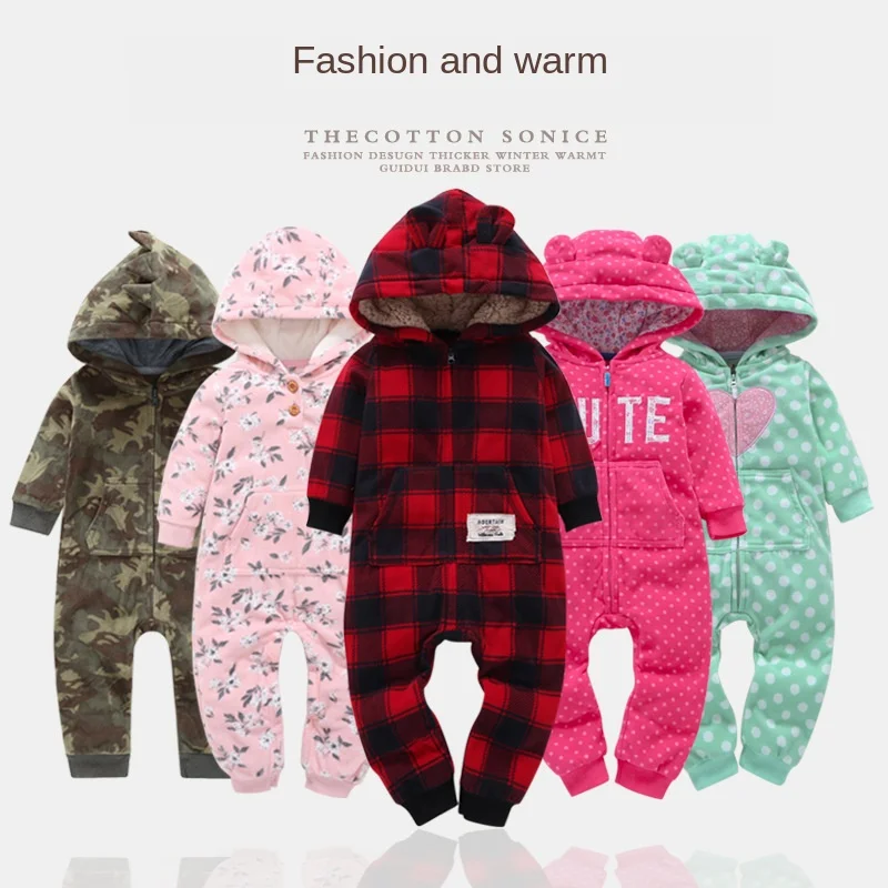 

Winter Spring Fleece Boy Girl Children Newborn Baby Rompers Thick with Hats Baby Climbing Clothes Jumpsuit