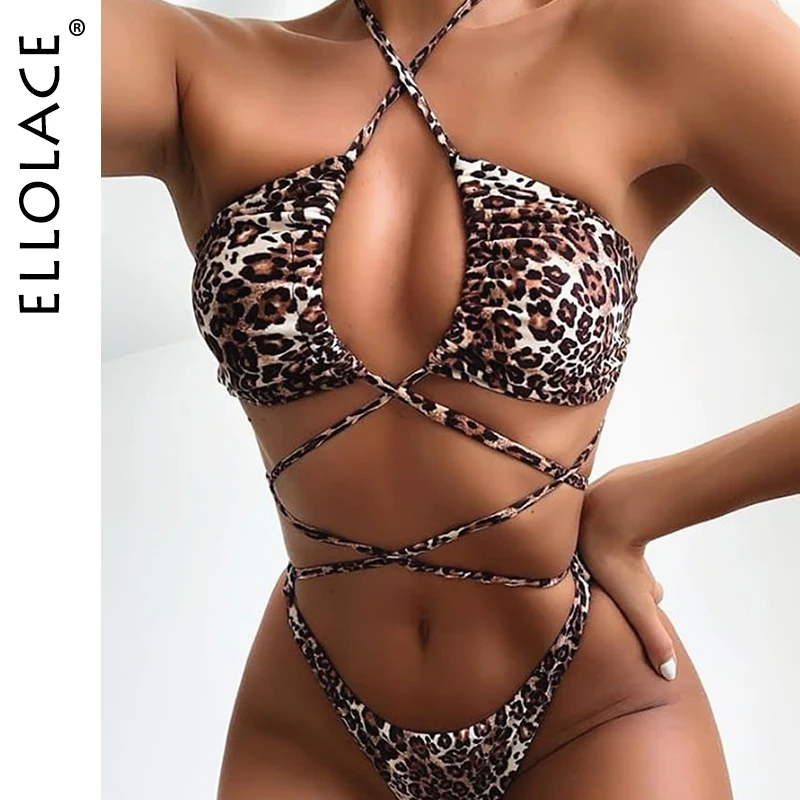 

Ellolace Fashion Animal Sweamwear Women One Piece Body Bandage Halter Push Up Bathing Suit Cross Beachwear Backless New Bodysuit