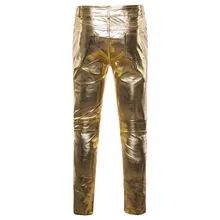 Черные штаны из искусственной кожи для мотоциклистов, для мужчин, для ночного клуба, для сцены, для певцов, танцоров, повседневные брюки, мужские обтягивающие, глянцевый золотистый Серебристый